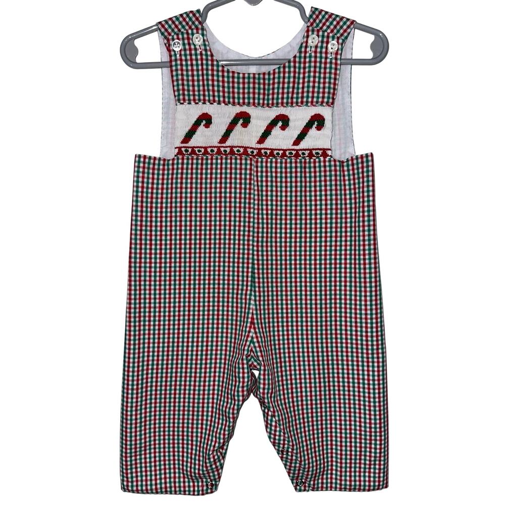 Vintage Be Mine Baby Christmas Smocked Candy Cane Red Green Gingham One Piece 9M